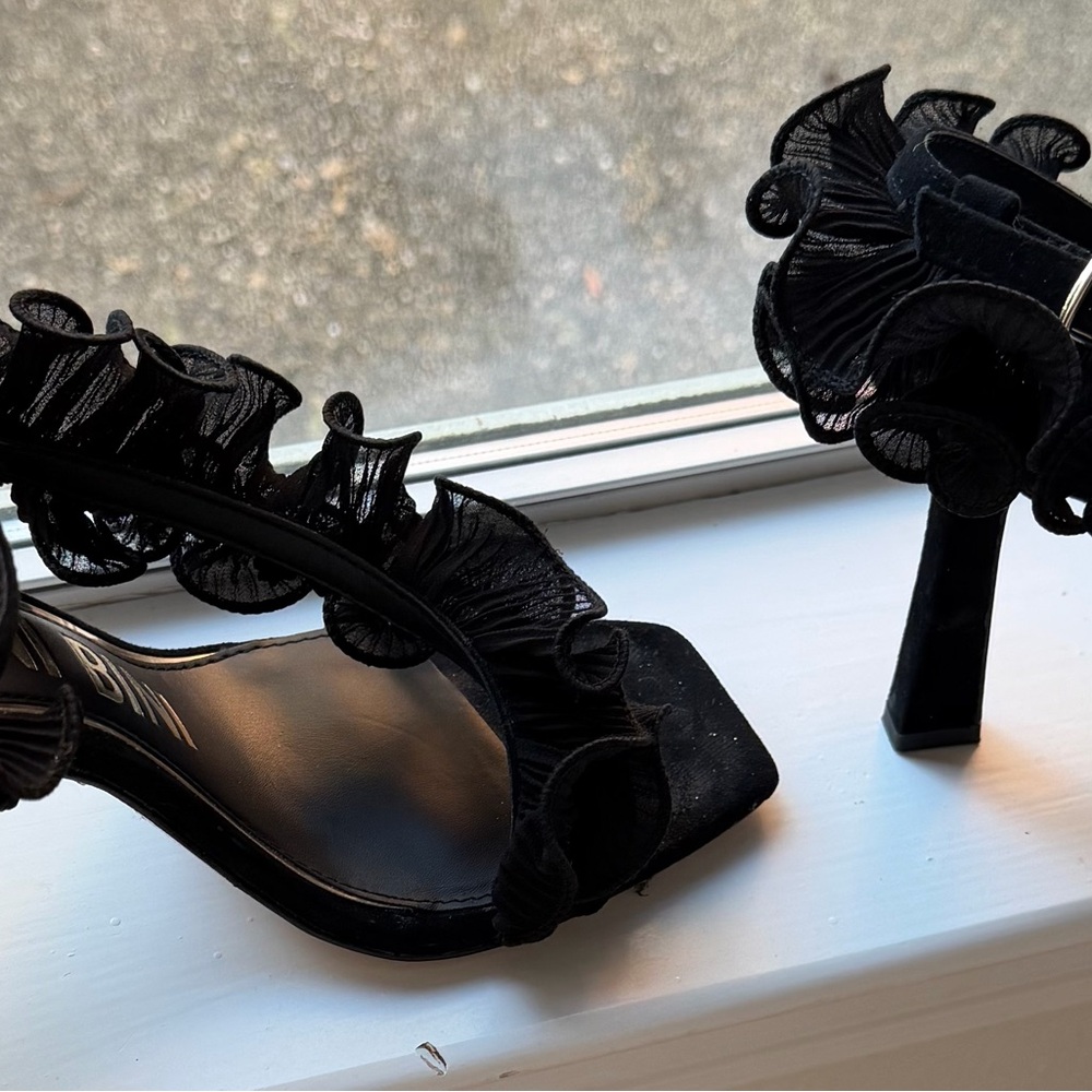 Gianni Bini Black Ruffle Ankle-Strap Heels - Picture 5 of 6